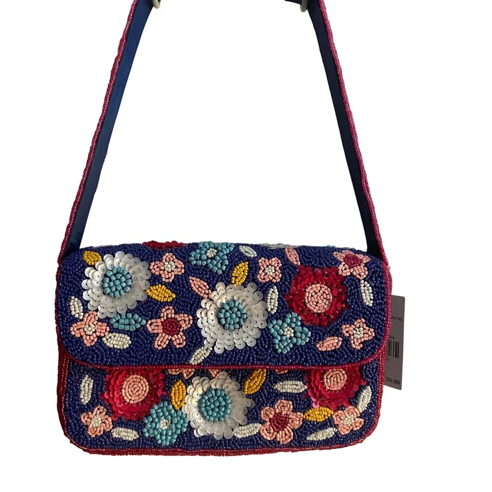 Floral Beaded Shoulder Bag Blue Pink Sequin Handcrafted Made in India NWT